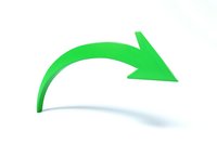 Bright green curved arrow pointing right and downward on white background, isolated design element for presentations and infographics.