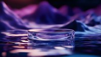 Clear glass petri dish in purple and blue liquid with dramatic lighting, creating abstract scientific laboratory atmosphere.