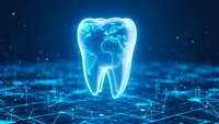 Global dental care concept with glowing tooth containing world map on digital network background for healthcare technology and international dentistry.