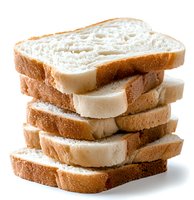Stack of fresh white bread slices with golden crust and soft texture, isolated on white background for food packaging and bakery advertising.