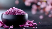 Pink bath salt in black ceramic bowl with scattered rose petals on dark background, soft focus bokeh lights create spa atmosphere for wellness concept.