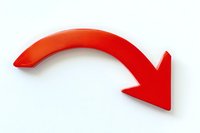 Curved red arrow pointing downward on white background, indicating decline, decrease or negative trend. Isolated design element for business presentations.