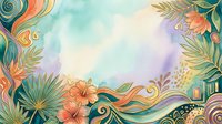 Colorful ornamental floral frame with swirling botanical elements, decorative leaves and flowers in orange, teal and purple tones on watercolor background for design projects.