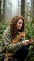Young Caucasian woman wildlife researcher holding red fox in misty forest. Conservation biologist with curly hair studying wild animal in natural habitat.