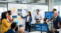 Professional businesswoman presenting global market strategy to diverse corporate team in modern conference room with world map and analytics charts.