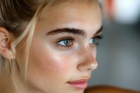 Close-up portrait of young woman with bright blue eyes, natural makeup, and blonde hair in soft lighting showing flawless complexion and defined eyebrows.