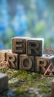 Wooden blocks spelling error with biohazard symbols on moss-covered surface against blurred blue and green background, representing danger, warning, and risk management concepts.