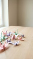 Colorful origami paper cranes arranged on wooden table surface in soft natural light creating peaceful zen atmosphere for meditation and mindfulness practices.