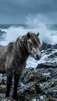 Wild horse with long mane standing on rocky coastal shore with crashing ocean waves and stormy sky, suitable for nature and wildlife themes.