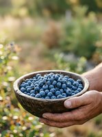 Farmer holding wooden bowl filled with fresh blueberries in garden setting, harvested berries ready for market or consumption.