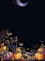 Spooky night scene with black cat, glowing jack-o-lanterns, twisted branches, flying bats, crescent moon, and stars on dark background. Perfect for Halloween designs, greeting cards, and seasonal marketing materials.