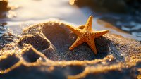 Orange starfish on golden sand at sunset with sparkling water drops and bokeh light effects creating magical beach atmosphere.