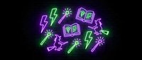 Neon glowing icons set with lightning bolts, magic wands, spell books and mystical symbols on dark background for gaming UI design.