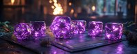 Glowing purple polyhedral dice set on dark surface with magical ambient lighting and pine branches, creating mystical tabletop gaming atmosphere.