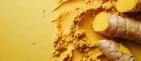 Turmeric root and ground powder on yellow background, suitable for culinary, wellness, and natural ingredient design projects.