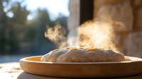 Fresh baked bread loaf steaming on ceramic plate in morning sunlight, rustic homemade artisanal bread with golden crust and rising steam against window.