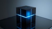 Glowing neon blue cross lines on black cube structure against dark background, suitable for tech and digital design projects.