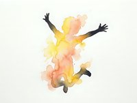 Silhouette of jumping person with colorful watercolor splash effect in yellow and orange tones expressing joy and freedom on white background.