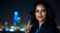 Young Hispanic businesswoman with confident smile pointing up against blurred city night lights background, wearing navy blue blazer and professional attire.