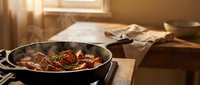 Sizzling beef steak slices with herbs cooking in cast iron skillet on wooden cutting board in warm sunlit kitchen for culinary and food preparation concepts.