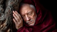 Elderly Caucasian man in red robe resting head against stone wall, eyes closed in contemplative meditation pose showing spiritual peace and mindfulness practice.