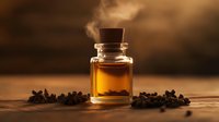 Small glass bottle with aromatic oil surrounded by black peppercorns on wooden surface in warm backlight with steam or smoke creating mystical atmosphere.