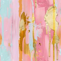 Abstract art pattern with vertical brushstrokes in pink, mint, and gold colors creates modern wall decor background with dripping paint effect and metallic accents.