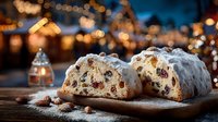 Traditional German stollen Christmas bread with dried fruits and nuts on wooden board with festive bokeh lights background for holiday baking celebrations.