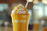 Creamy milkshake topped with whipped cream, caramel drizzle and crushed toffee pieces served in tall glass with straw, photographed with soft bokeh background.