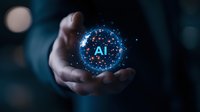 Glowing blue AI sphere with digital network connections floating above open palm against dark background, representing artificial intelligence and future technology.