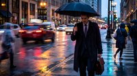 Professional businessman walking with umbrella on wet city street during evening rush hour with blurred traffic and glowing streetlights creating urban atmosphere.