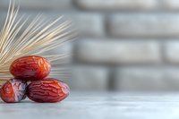Fresh red dates stacked on light surface with golden wheat sprig decoration against soft gray brick wall background, minimalist food composition.