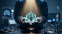 Medical professional holding glowing lung hologram in modern healthcare facility representing respiratory medicine and pulmonology innovation.