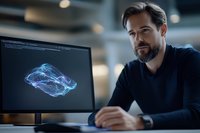 Caucasian male professional with beard analyzing digital holographic data visualization on computer screen in modern office environment. Artificial intelligence concept.