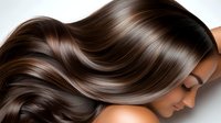 Flowing dark brown hair with highlights on young Hispanic woman with closed eyes and flawless skin, showing healthy shiny wavy hairstyle for beauty salon.
