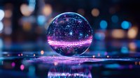 Crystal ball reflecting vibrant neon city lights with glowing purple and blue bokeh background creates magical nighttime atmosphere on wet reflective surface.