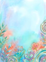 Watercolor floral border with pastel leaves and swirls on soft turquoise and pink gradient background, suitable for invitations and greeting cards.