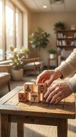 Hands arranging wooden blocks with wellness symbols on rustic table in cozy living room with natural light and plants for mindfulness practice.