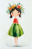 Sweet girl wearing watermelon dress and floral crown, watercolor illustration on white background. For nursery art, children books, and greeting cards.