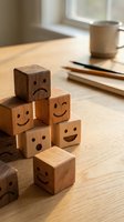 Wooden emotion blocks with happy and sad faces stacked on desk representing mood management and emotional wellness in workplace or therapy setting.