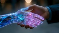 Digital transformation handshake between human and artificial intelligence with glowing blue and pink network effect showing future technology connection.