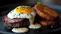 Juicy steak topped with sunny side up egg, melted cheese sauce and fresh herbs served with crispy toast on dark plate. Black pepper seasoning.
