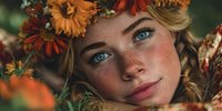 Young blonde woman with freckles surrounded by autumn flowers and foliage in warm seasonal portrait for beauty and nature concepts.