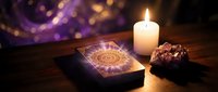 Mystical tarot card reading setup with glowing candle and crystal on wooden table creating atmospheric fortune telling scene for spiritual guidance sessions.