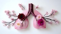 Anatomical representation of human lungs with pink cherry blossoms and red flowers symbolizing respiratory health and healing.