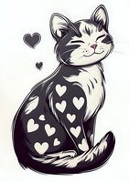 Cartoon black and white cat with heart pattern on fur, smiling with eyes closed on isolated background. Ideal for greeting cards and pet-themed designs.