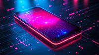 Futuristic smartphone with glowing pink and blue neon lights on dark surface, digital network connections and geometric patterns creating cyberpunk atmosphere.
