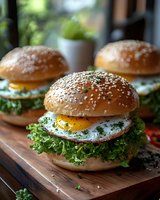 Gourmet breakfast burger with fried egg, fresh lettuce and herbs on sesame seed bun served on wooden cutting board in modern kitchen setting.