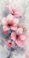 Delicate pink cherry blossoms with soft watercolor effects on gray background, featuring detailed petals and subtle color transitions. Artistic floral composition.