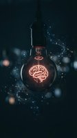Glowing brain filament inside light bulb with digital network connections representing innovation, creativity, artificial intelligence and bright ideas concept.